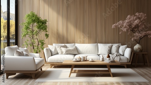 Japandi style interior design of a modern living room with a white sofa and a wooden paneling wall