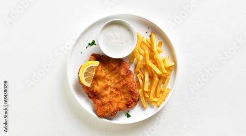 Breaded wiener schnitzel with potato chips and sauce