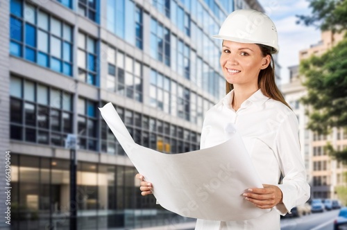 Engineer worker woman holding plans at construction site, AI generated image
