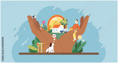 Future financial planning, wellbeing concept. Relaxed, successful, smiling businessman sitting on big hands and dreams about house, car, holiday vacation and shopping. Saving and investing money