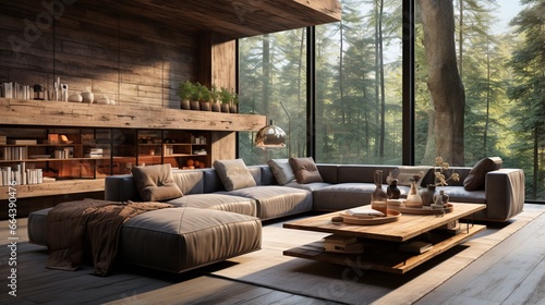 Loft interior design of a modern living room in a villa, complete with wooden paneling and concrete walls © Newton
