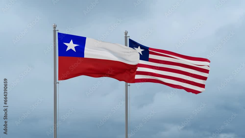 Liberia and Chile flag waving together on cloudy sky, endless seamless loop, two country cooperation concept Liberia and Chile flag waving together on cloudy sky, endless seamless loop, two country cooperation concept