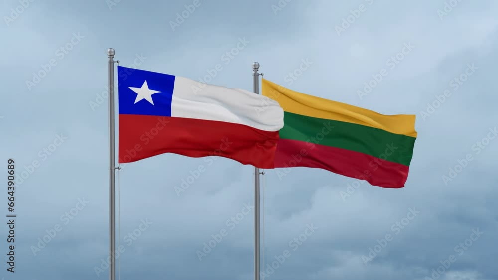 Lithuania flag and Chile flag waving together on cloudy sky, endless seamless loop, two country relations concept Lithuania flag and Chile flag waving together on cloudy sky, endless seamless loop, two country relations concept