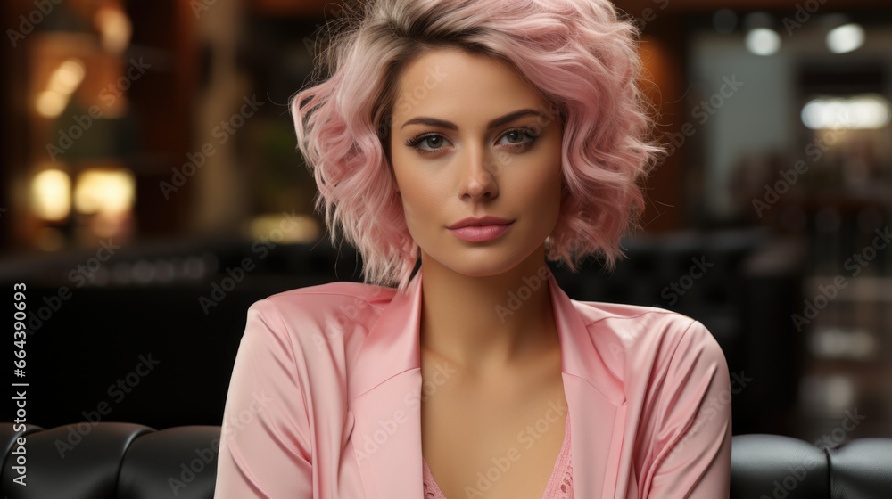 Portrait of a beautiful woman in a pink evening dress