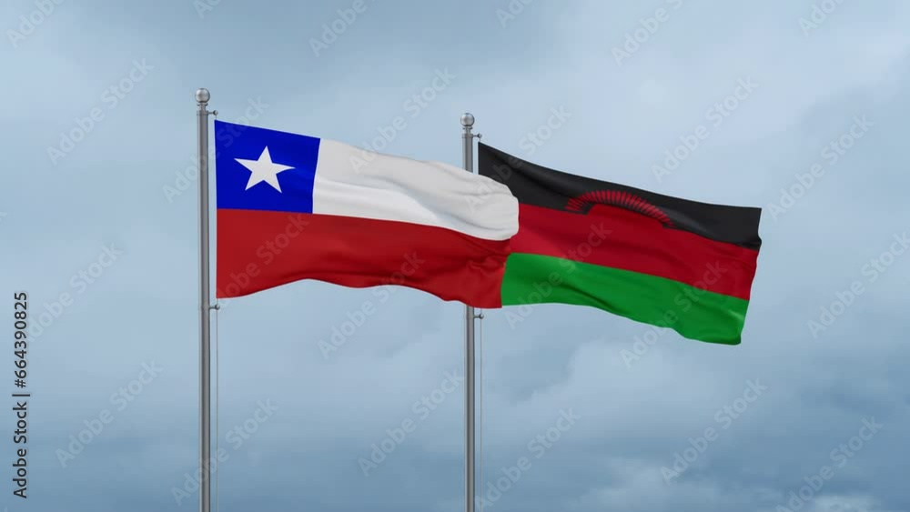 Malawi flag and Chile flag waving together on cloudy sky, endless seamless loop, two country relations concept Malawi flag and Chile flag waving together on cloudy sky, endless seamless loop, two country relations concept