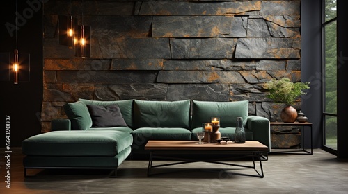 Loft style home interior design of a modern living room with a dark green velvet corner sofa near a concrete wall with stone wall decor photo