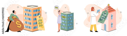 House for sale. Vector illustration Renting and investing in house were influenced by buyers financial situation The mortgage loterms determined interest rate and repayment period Buying residential