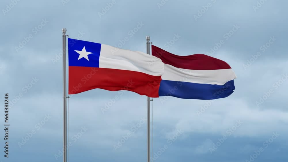 Netherlands flag and Chile flag waving together on cloudy sky, endless seamless loop, two country relations concept Netherlands flag and Chile flag waving together on cloudy sky, endless seamless loop, two country relations concept