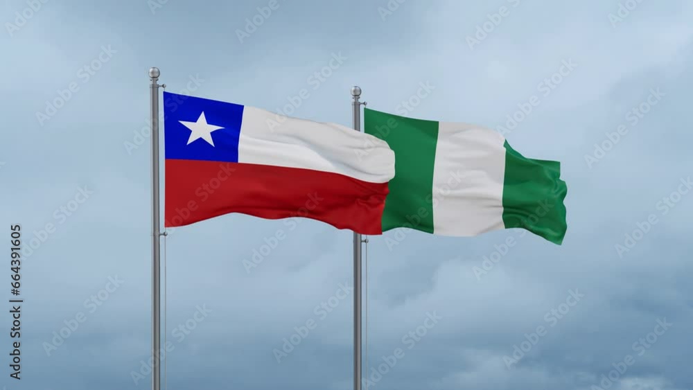 Nigeria flag and Chile flag waving together on cloudy sky, endless seamless loop, two country relations concept Nigeria flag and Chile flag waving together on cloudy sky, endless seamless loop, two country relations concept