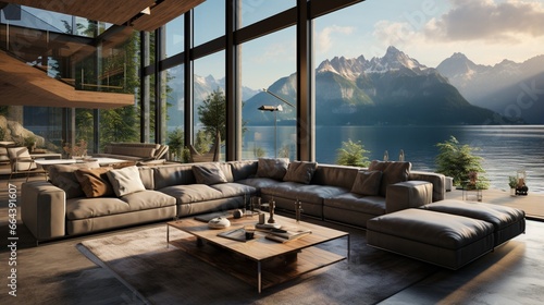 Luxury home interior design of a modern living room in a lakeside house with a cozy beige sofa in a spacious room with a terrace Panoramic open windows offer stunning sea bay, lake and mountain views © Newton