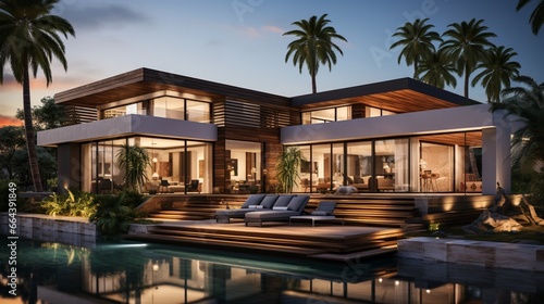 Luxury residential architecture with exterior of an amazing modern minimalist cubic house, villa with wood cladding wall and terrace among palm trees