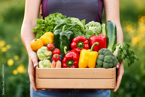 Female hand holding a box of fresh vegetables. Vegetable garden. Generative AI © barmaleeva