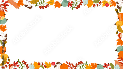 Autumn frame floral red yellow leaves and acorns Fall horizontal banner with cute hand drawn colourful pumpkins apples rowan border Vector illustration backdrop background for Thanksgiving Harvest Day