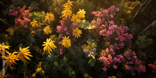 Aerial view of wild orchids in a tropical forest, rich color palette, captured during golden hour