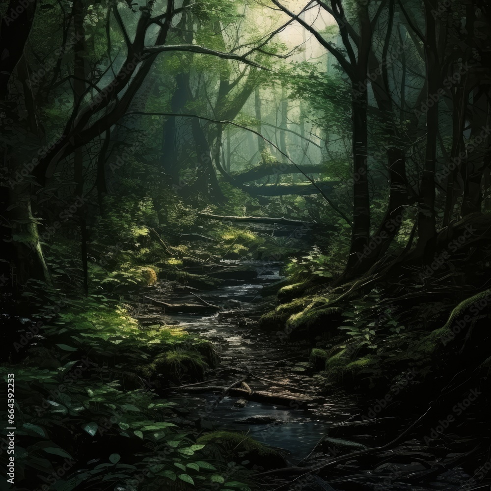 Obraz premium Very Dense Forest Light Shining Through Branches, Cosy Ambiance