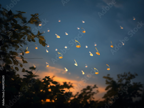 multiple floating eighth notes and whole notes, glowing like fireflies against a twilight sky, ethereal mood photo