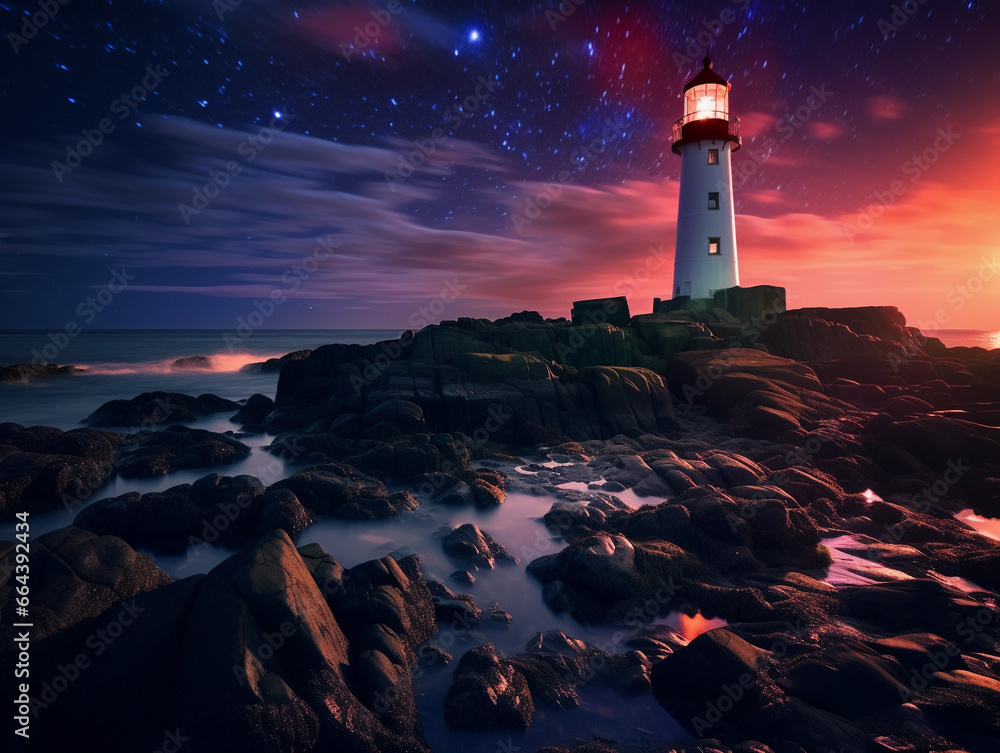 Lighthouse with Northern Lights, ethereal, dreamy setting, stars in the sky, rocky shoreline