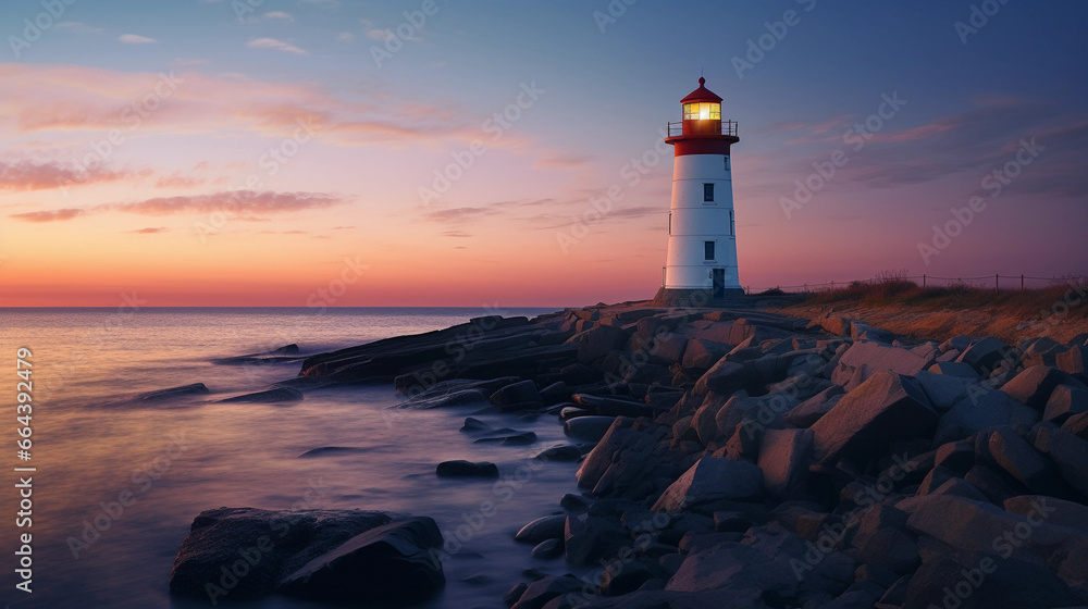 Majestic coastal lighthouse at dusk, 3D hyper - realistic, detailed brickwork, glowing light beam sweeping across the sea, deep blue sky with hints of magenta, rocky foreground
