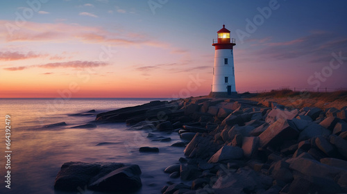 Majestic coastal lighthouse at dusk, 3D hyper - realistic, detailed brickwork, glowing light beam sweeping across the sea, deep blue sky with hints of magenta, rocky foreground
