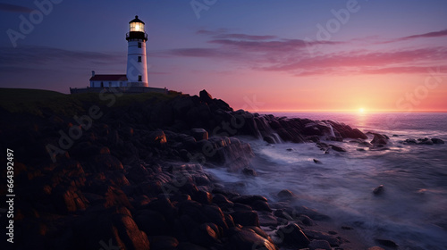 Majestic coastal lighthouse at dusk, 3D hyper - realistic, detailed brickwork, glowing light beam sweeping across the sea, deep blue sky with hints of magenta, rocky foreground © Marco Attano