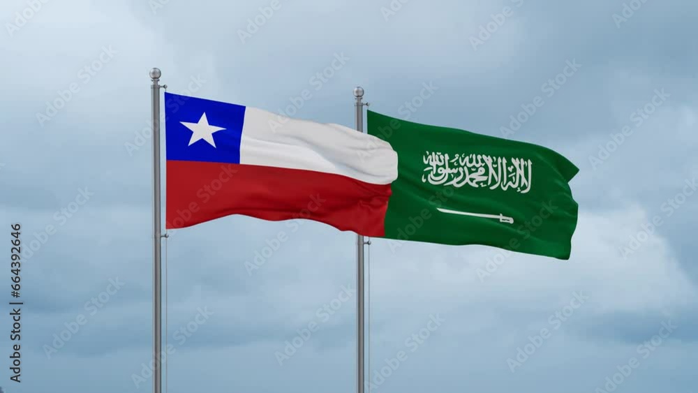 Chile and Saudi Arabia flags waving together on cloudy sky, endless seamless loop Chile and Saudi Arabia flags waving together on cloudy sky, endless seamless loop