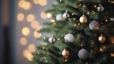 Cosy Christmas Living Room: Closeup of Decorated Pine Tree Decoration