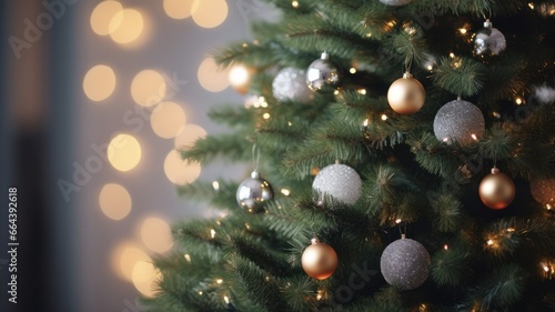 Cosy Christmas Living Room  Closeup of Decorated Pine Tree Decoration