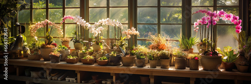 Orchid garden, a diverse array of orchids, wooden shelves, garden atmosphere, afternoon sunlight