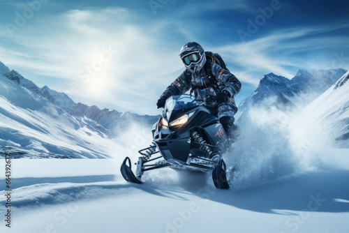 Snowmobile riding in deep snow powder during backcountry tour. Outdoor activity during winter holiday on ski mountain resort. Generative AI