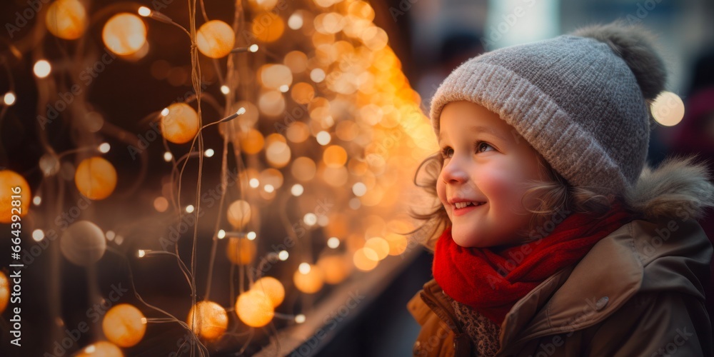 Holiday Cheer: Smiling Baby Boy Awed by Ornament-Filled Christmas Market Amidst Snowy Winter Wonderland Holiday Cheer: Smiling Baby Boy Awed by Ornament-Filled Christmas Market Amidst Snowy Winter Wonderland