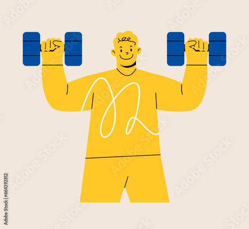 Man plays sports with dumbbells. Colorful vector illustration