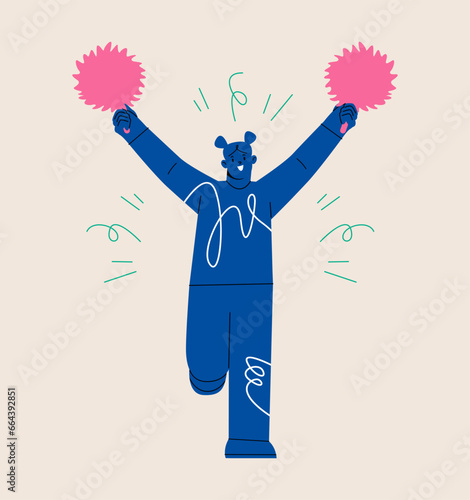 Woman with pom poms in her hands supporter cheering for a sport team. Colorful vector illustration