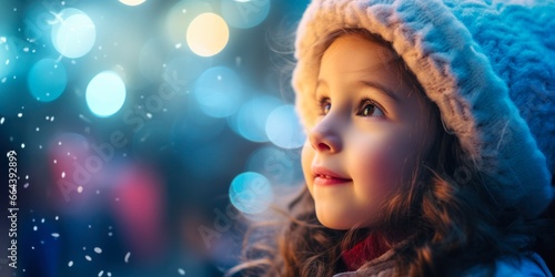 Magical Christmas Moment: A Happy Girl Engulfed in Wonder and Awe as Soft Bokeh and Glittering Light Particles Surround Her in a Creative Display of Joyful Fantasy