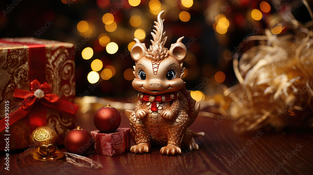  small cute baby dragon with a gift box on a background of lights, new year, symbol 2024, chinese calendar, christmas tree toy, eve, holiday, ribbon, bow, figurine, dinosaur, mythical animal, gold