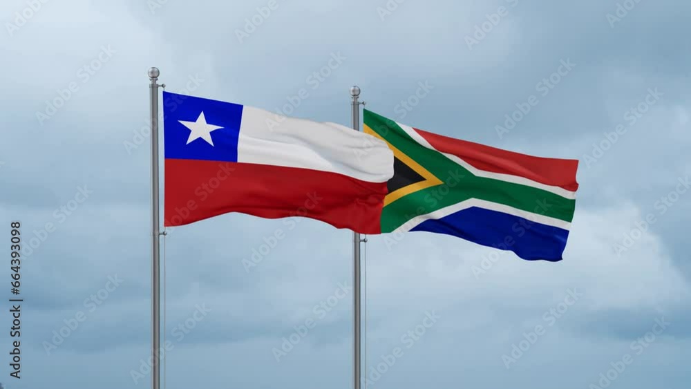 Republic of South Africa and Chile flag waving together on cloudy sky, endless seamless loop, two country cooperation concept Republic of South Africa and Chile flag waving together on cloudy sky, endless seamless loop, two country cooperation concept