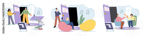 House for sale. Vector illustration The mortgage loofficer guided buyer through application process Buying residential property involved making offer and negotiating purchase price The buying house