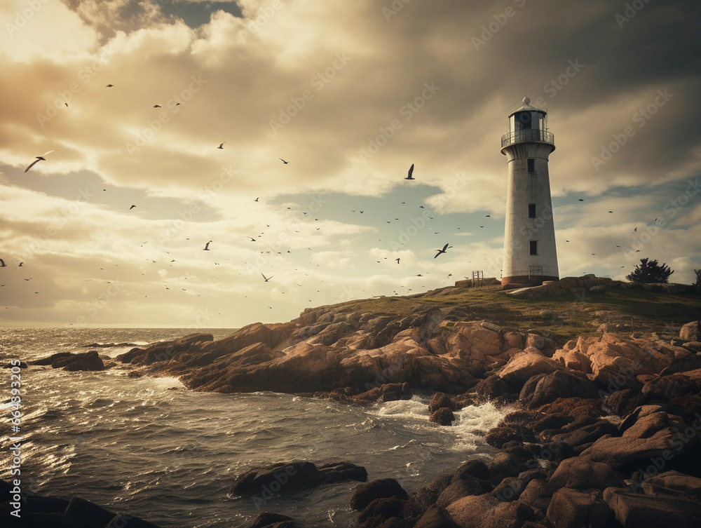 Vintage lighthouse on an isolated island, old - fashioned architecture, rust and weather - worn, seagulls flying around, moody cloudy sky, sun rays breaking through clouds