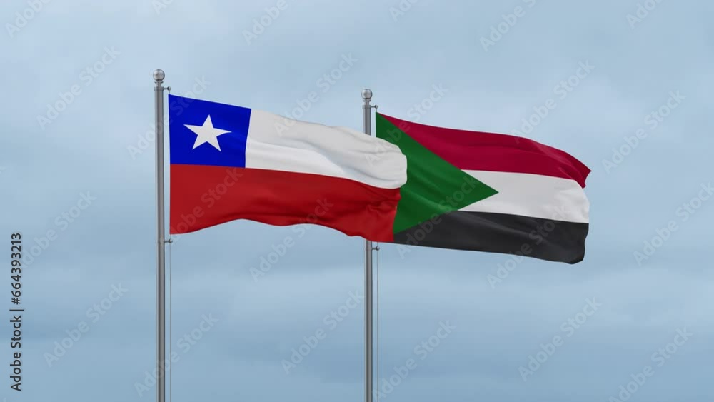 Sudan and Chile flag waving together on cloudy sky, endless seamless loop, two country cooperation concept Sudan and Chile flag waving together on cloudy sky, endless seamless loop, two country cooperation concept