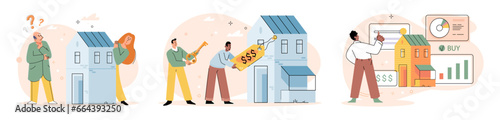 House for sale. Vector illustration People looking for home sought advice from friends, family, and professionals Buying new home involved coordinating moving logistics and transferring utilities