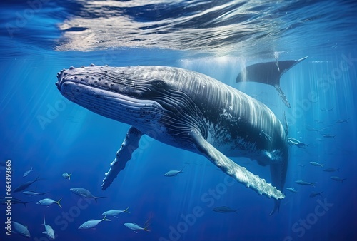 a blue whale diving in the ocean, deep water