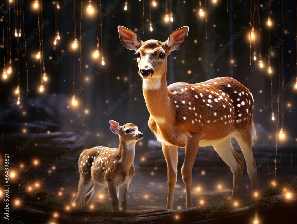 Illuminated adult deer with its fawn surrounded by cascading christmas lights in a dark enchanted setting. Whimsical representation of wildlife and fairy-tale magic Illuminated adult deer with its fawn surrounded by cascading christmas lights in a dark enchanted setting. Whimsical representation of wildlife and fairy-tale magic