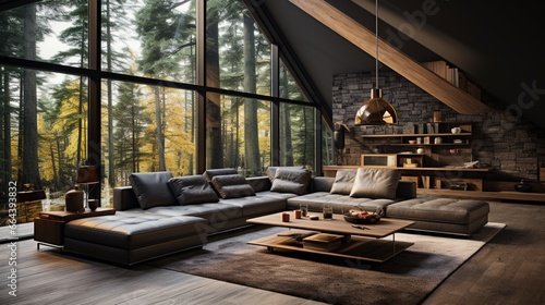 Minimalist interior design of a modern living room with a grey corner sofa against a big window in a country house in the forest