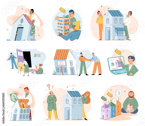 Buying and choosing housing. Vector illustration The vector illustration showcased various architectural styles The house was listed by reputable estate agent The property market offered diverse