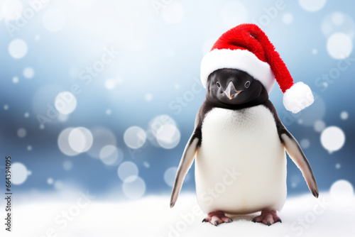 Cute little festive penguin wearing a Father Christmas santa hat © ink drop