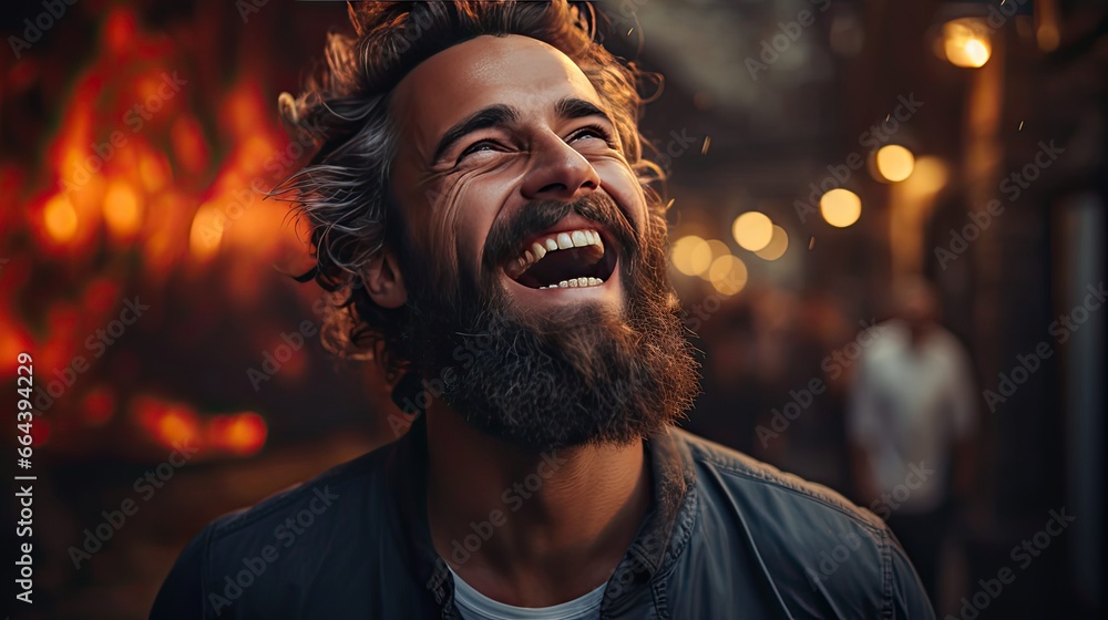 Smiling bearded young male model rejoices coming weekends, dressed casually, over background. Model portrait illustration. Generative AI Smiling bearded young male model rejoices coming weekends, dressed casually, over background. Model portrait illustration. Generative AI