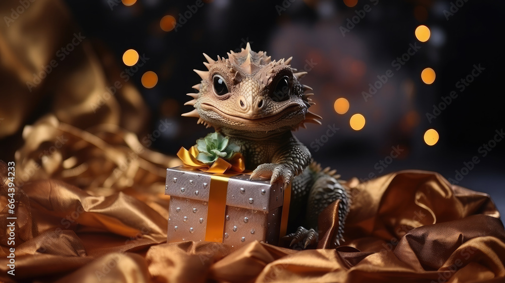 small cute baby dragon with a gift box on a background of lights, new year, symbol 2024, chinese calendar, christmas tree toy, eve, holiday, ribbon, bow, figurine, dinosaur, mythical animal, gold - obrazy, fototapety, plakaty 