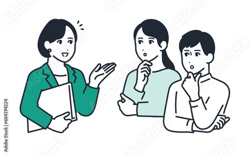 女性プランナーへ相談する若い夫婦のシンプルなベクターイラスト素材