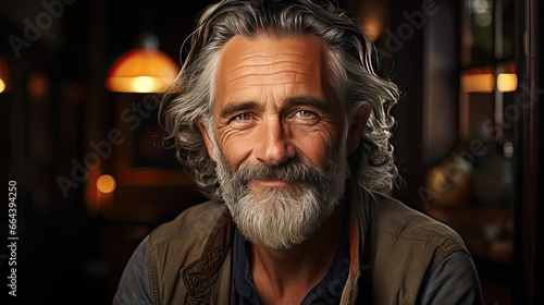 Portrait of happy casual older man smiling, Mid adult, mature age guy with gray hair, on background. Man portrait illustration. Generative AI