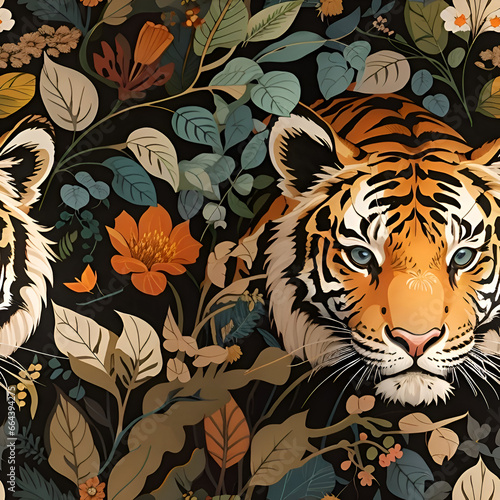 Seamless pattern of a fierce tiger in the woods. Repeatable image background. Generative AI.