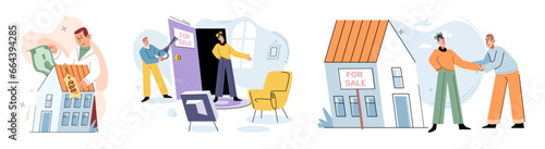 Real estate search. Vector illustration People looking for home used real estate search concept to filter their preferences Investing in house with mortgage required assessing potential rental income